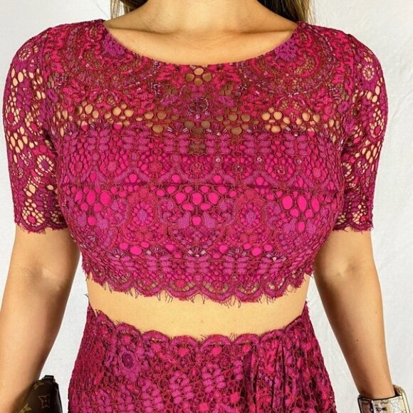 Marchesa Notte Deep Red Lace Sheer Dress $795 - Picture 3 of 12